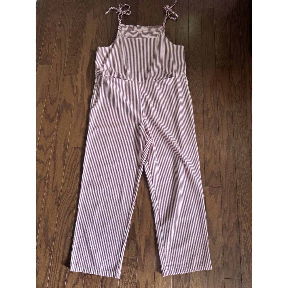 Coastal Cottagecore Red White‎ Striped Tie Strap Linen Blend Jumpsuit L